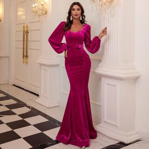 Fuchsia Prom Dresses Velvet Long Mermaid Dresses Long Sleeves Wedding Party Dresses Evening Guest Dresses Dance Queen Dresses
