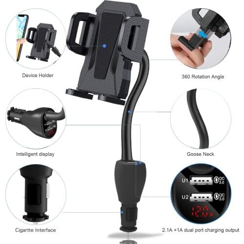 Dual USB Fast Charging Mobile Phone Holder Tablet Smart Digital Display Charging Car Holder Flexible Table Stand Mount
