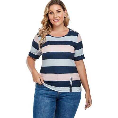 2021 Summer mom clothes Short sleeve Striped T-shirt fashion ladies Vintage elegant Plus Size Womens Tops