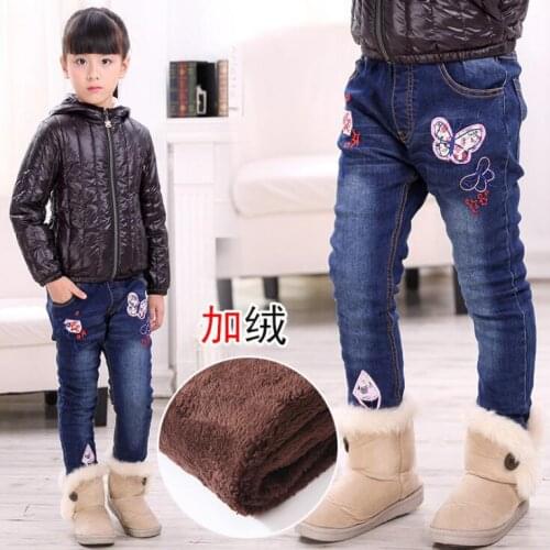 Hot Quality 2018 Girls Jeans for Winter New Childrens Clothing Kids Butterfly Embroidered Jeans 2-8 Ages Blue Free Shipping