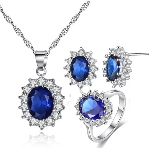 Boho Female Red Blue Crystal Jewelry Set Charm Silver Color Oval Stud Earring For Women Cute Zircon Wedding Ring Chain Necklace