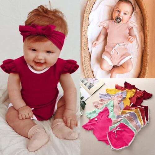Summer Newborn Infant Baby Girls Clothes Ruffle Cotton Fly Sleeve Solid Colors Bodysuit Romper Tops+Shorts Sport Outfits Set#p4