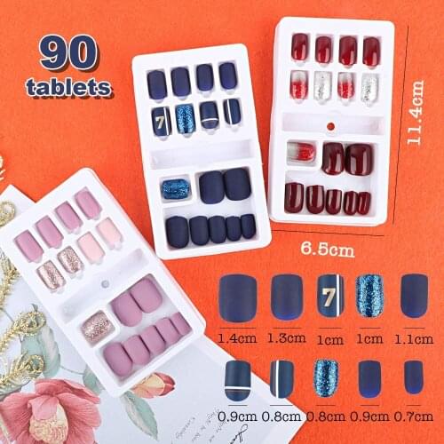90 PCS Removable Fake Nail Artificial Tips Set Full Cover Press On Nail Coffin Lace Pink Green Wine Red Grid Line Patterns