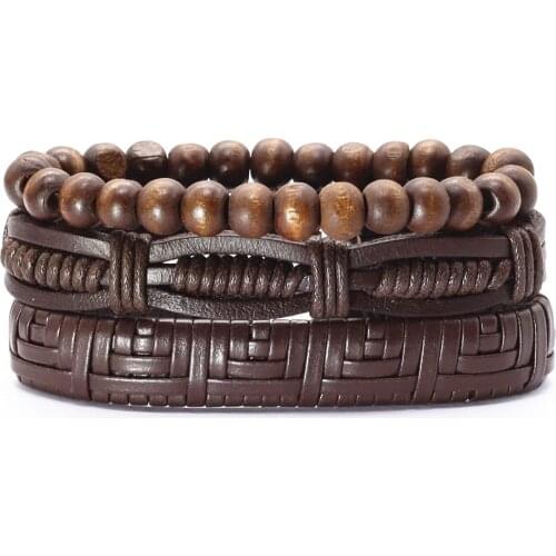 New Handmade Weave Black Brown Wood Beads Genuine Leather Bracelets Men Women Bangles Homme Male Gift Jewelry Freely Sshipping