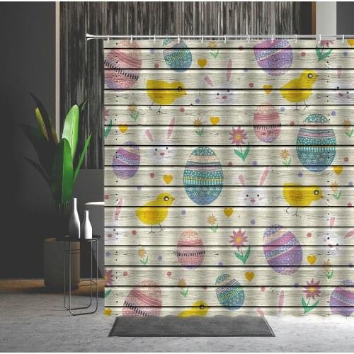 Easter Themed Shower Curtain Easter Eggs Resurrection Jesus Christian Wood Grain Background Waterproof Cloth Curtain With Hooks