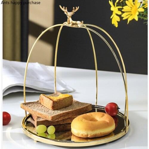 Home Birdcage Rack Golden Birdi Lying Deer Cake Stand Metal Glass Mirror Dessert Pastry Display Stand Decoration Storage Tray