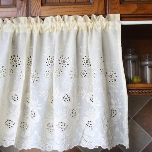 Half Curtain Flower Embroidery Hollow Out Short Kitchen Curtain Cotton Caffee Curtain Cabinet Dust-proof Curtain For Kitchen