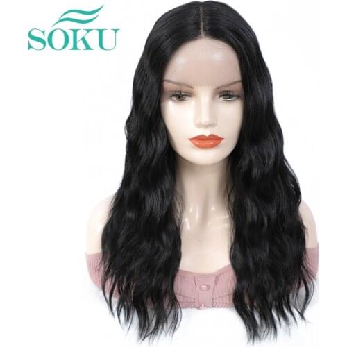 SOKU Middle Part Lace Front Wig Black Color Natural Long Wavy Hair Wig For Black Women Synthetic Hair Wigs
