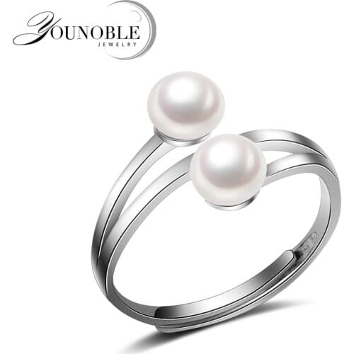 Wedding Real 925 sterling silver ring with pearl,freshwater double pearl ring women,adjustable girl jewelry wife best gift white