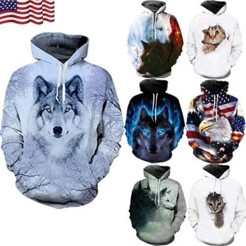 Unisex Women Men Hoodie 3D Wolf Animal Sweatshirt Coat Pullover