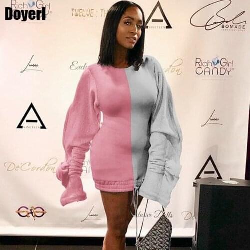 Streetwear Winter Dress Women Patchwork Drawstring Long Sleeve Fall Dinner Dresses for Women 2021 Evening Party Club Mini Dress