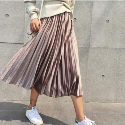 Spring Women Long Metallic Silver Maxi Pleated Skirt Midi Skirt High Waist Elascity Casual Party Skirt Vintage skirts womens