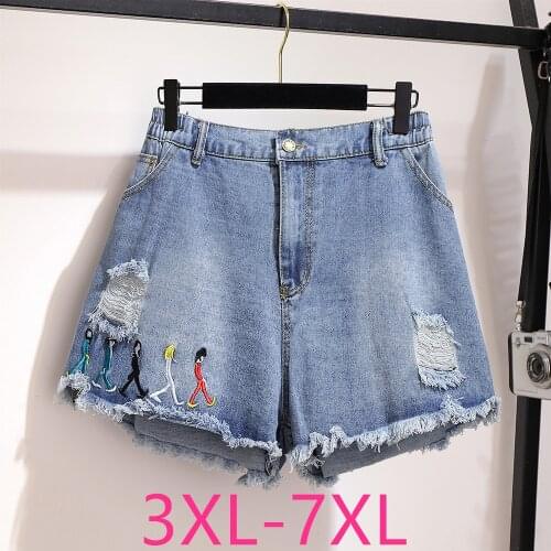 2021 summer plus size denim shorts for women large loose casual elastic waist hole wide leg retro shorts blue 4XL 5XL 6XL 7XL