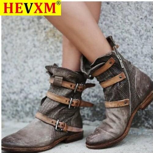 Womens Boots Flat Round Toe Shoes Breathable Solid Color Retro Buckles Shoes Comfortable Women Office Party Western Boots