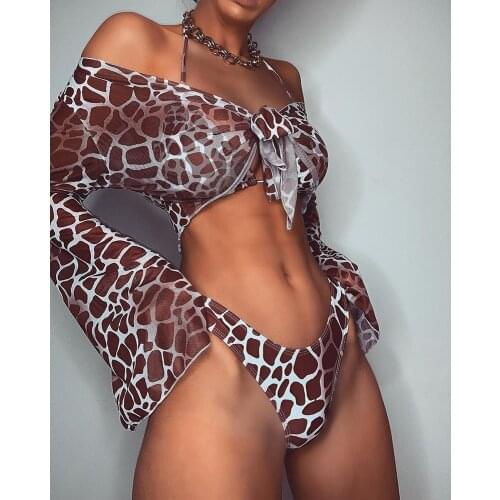 Long Sleeve Mesh Bikini Swimwear Women Three Pieces 2020 Leopard Swimsuit Female Summer Sexy Bathing Suit Brazilian Biquini