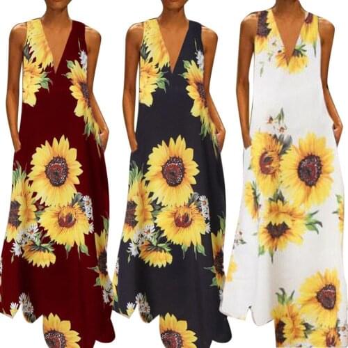 75% HOT SALES!!! Women Boho Summer V Neck Sleeveless Sunflower Print Large Hem Pockets Long Dress