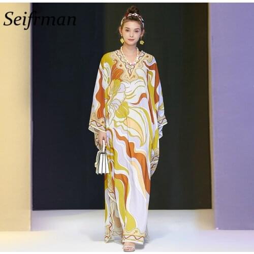 Seifrmann Women Fashion Summer Designer Maxi Dress Sexy V-Neck Vintage Printed Loose Ladies Colorblock Long Dress vestidos 2021
