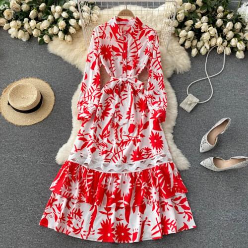 Banulin Women Hollow Out Ruffles Red Christmas Maxi Dress Spring Autumn Puff Long Sleeve Sashes Floral Print Long Dress N53123