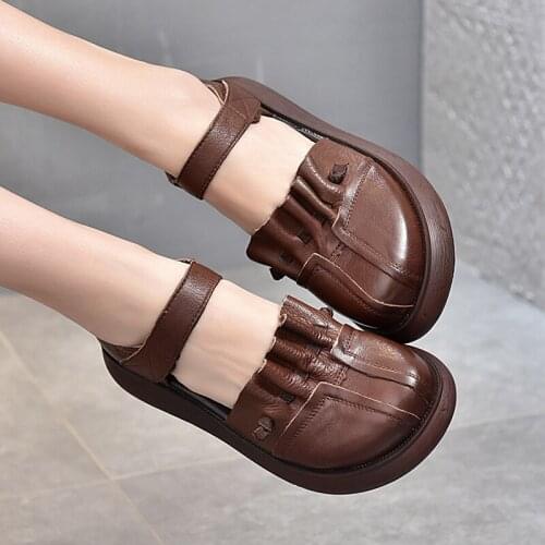 2021 Summer New First Layer Cowhide Sponge Cake with Thick-soled Womens Shoes Ethnic Hollow Genuine Leather Sandals Baotou