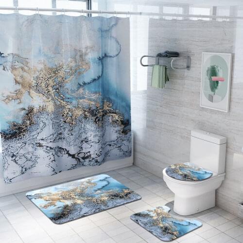 4Pcs/Set Blue Marble Printed Shower Curtain Mat Set Bathroom Toilet Non-Slip Carpet Shower Partition Curtain Home Decoration