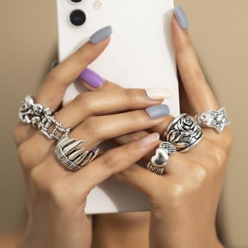 6 Pcs/Set Personality Tooth Skull Chain Rings Set Punk Fashion Star Heart Rose Flower Rings for Women Men Jewelry Accessories