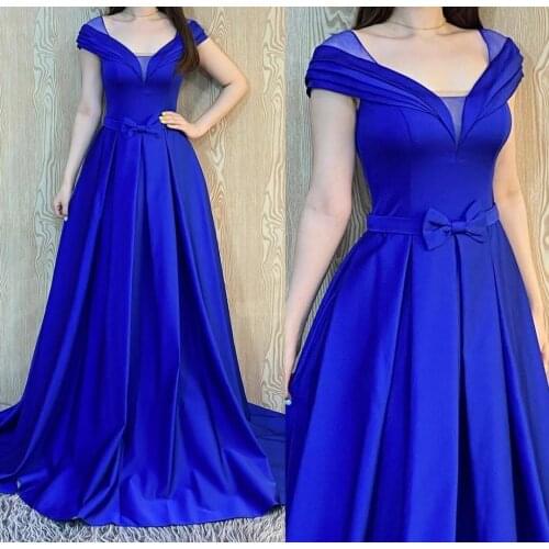 Elegant Satin Rpyal Blue V-Neck Prom Dresses with Pockets Corset Back Floor Length Robe De Soiree Red Formal Party Gown
