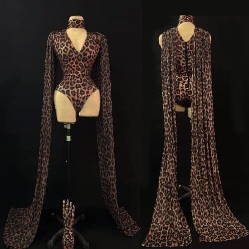Fashion Leopard Pattern Hollow Bodysuit Gloves Shawl Printed Birthday CLUB Outfit GOGO Women Singer Dancer Performance Costume