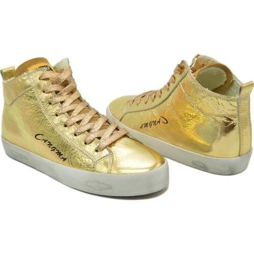 CANGMA Luxury Brand Womens Shoes Designer Platform Sneakers Gold Flats Patent Genuine Leather Shoes Mid Female Sneaker