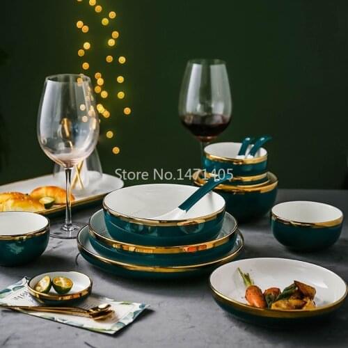 Simple Nordic Light Luxury Dark Green Phnom Penh Ceramic Plate Dishes Tableware Set Suitable for Hotel Household