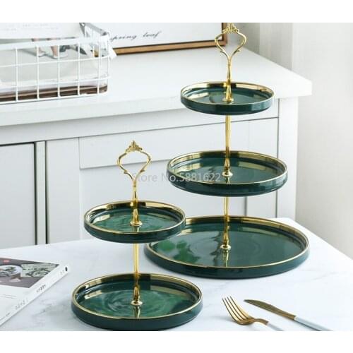 Ceramic Fruit Plate Emerald Green Three-layer Cake Plates Candy Dessert Multi-layer Tray Afternoon Tea Snack Stand Household