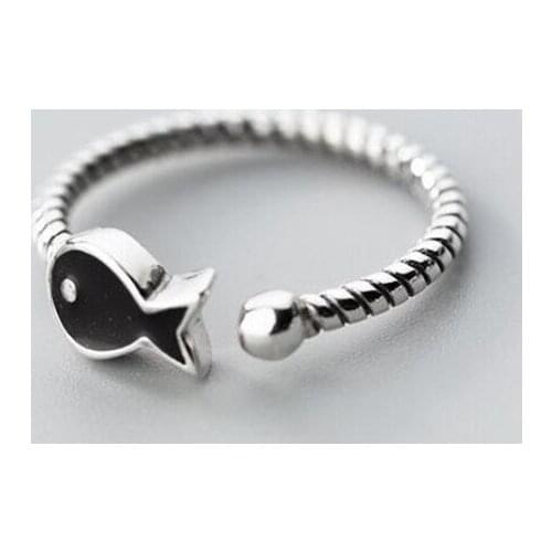 Fashion Cute Epoxy Black Fish Twist Animal Open Ring for Women Girls 925 Sterling Silver Jewelry Mujer Anillos Accessories SR398