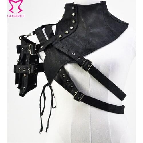 Black Pocket Rivet High Collar One Shoulder Steampunk Armor PU Leather Jacket Women Retro Vintage Top Gothic Corset Accessories
