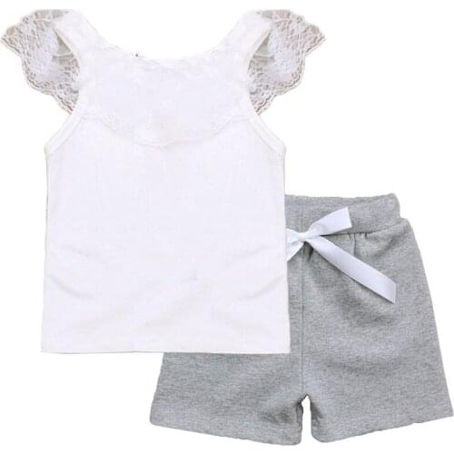 Fashion Baby Girl Suit Summer Clothes pure white sleeveless top+gray bow shorts two-piece set For 1-5 Years Cool Girls Essential