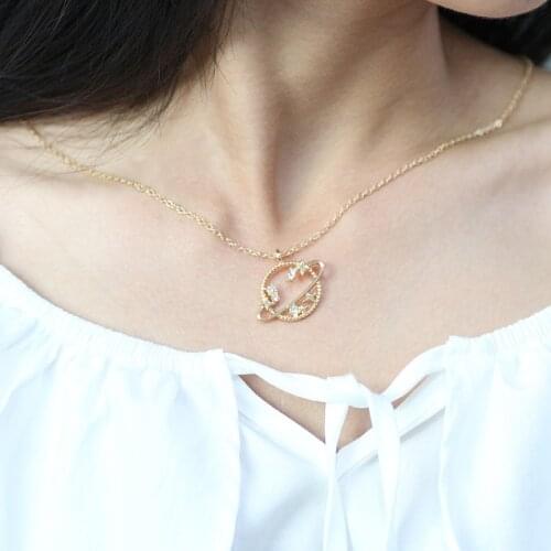 Korean Style Fashion Planet Necklace Clavicle Chain Cute Rhinestone Metal Pendant Accessory Necklaces for Women Jewelry Gift