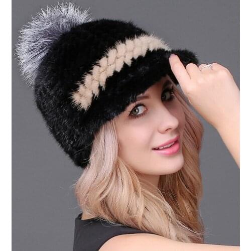 Fashion Women Winter Mink Fur Caps Visors 100% Real Mink Fur Pom Pom Hats for Women Real Leather Warm Mink Fur Cap Visors