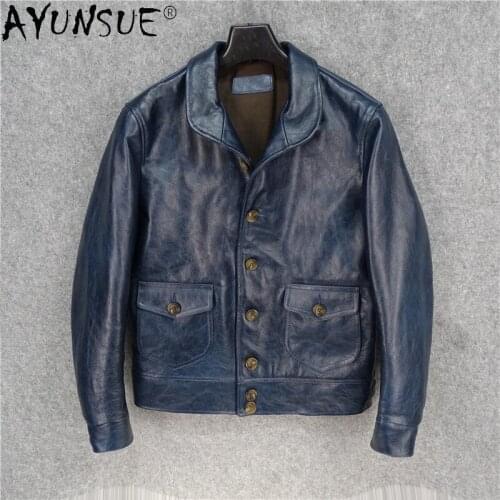 AYUNSUE Genuine Old Cowhide Leather Jacket Men Clothing Autumn 2020 Coat Blue Mens Clothes Vintage Jackets Ropa Hombre LXR521