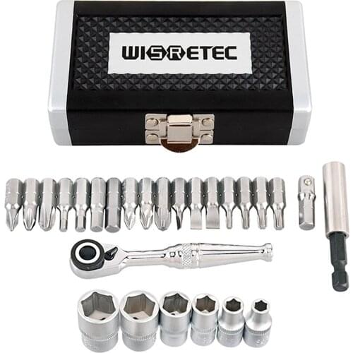 26pcs 1/4 Inch Drive Hex Shank Mini Socket Ratchet Wrench Set Metric for Car Bicycle Motor Mechanics & Construction