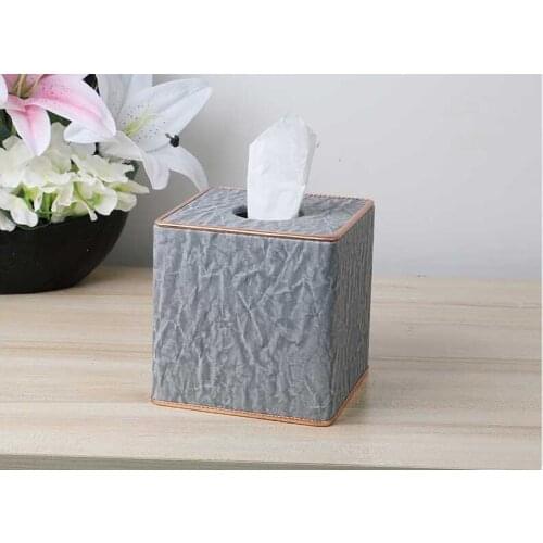 New style square wooden structure PU leaher tissue case paper box tissue cover tissue box wood tissue case