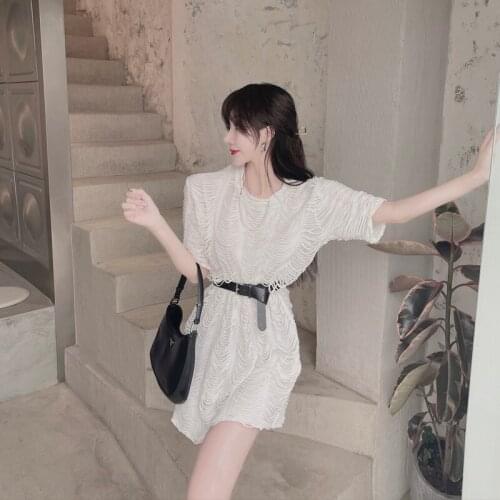 New Womens Crew Neck Design With Holes In Tassel Short Sleeve Summer Thin Fried Street Medium Length Chic Fashion Top With Belt