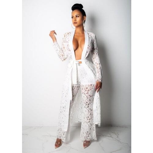 AHVIT Solid Color Lace Sexy Women Two Piece Set Open Stitch Full Sleeve X Long Sashes Coat And Wide Leg Long Pants SSJ3236