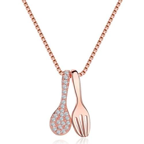 Rose Gold White Alloy Copper Pendants Necklace For Women Bling Starry Clear Crystal Spoon Fork Shape Neck Chains