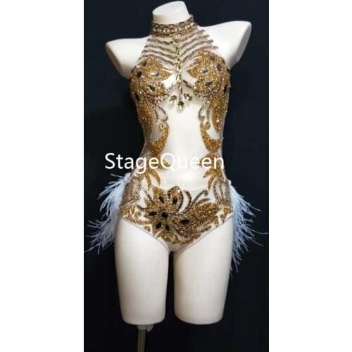 Rhinestone Feather Stretch Female Golden Bodysuit Transparent Elastic Dj Ds Jumpsuit Dance Dance stage performance Sexy Outfit