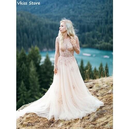 Light Champagne Prom Dress For Girl Elegant Long Sleeves Beads Sequin Sweep Train A-line Evening Dress vestido de fiesta de boda