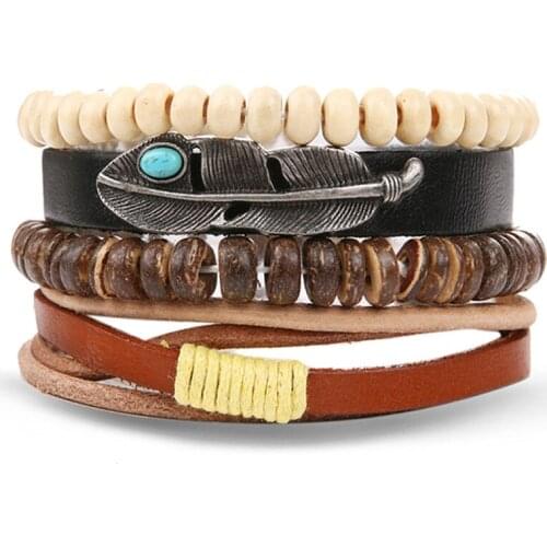 ALIUTOM Vintage Punk Leaf Feather Multilayer Leather Bracelet Men Fashion Braided Handmade Bead Wrap Bracelets & Bangles Male