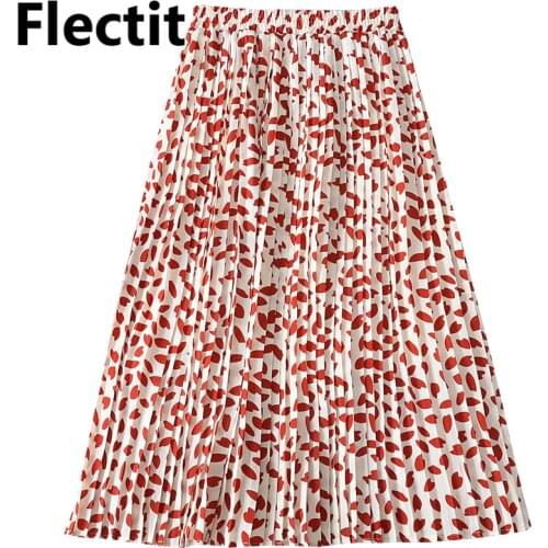 Flectit Women Ditsy Floral Pleated Skirt Elastic Waist Mid-Calf Length Flowy Midi Skirt Ladies Vacation Holiday Skirt