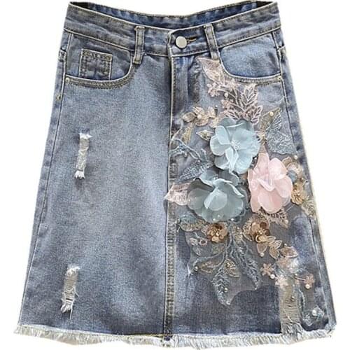 2021 Spring Summer Women Elegant Denim Skirt Fashion High Waist Beading Hole Embroidery Skirt Ladies Casual Plus Size 5XL G1157
