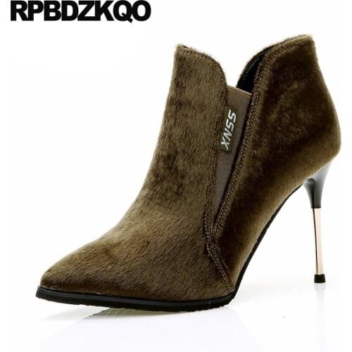 Autumn Booties Ankle Shoes Short High Heel Slip On Green Women Metal Boots Thin Stiletto Pointed Toe Winter Sexy Fashion Fur