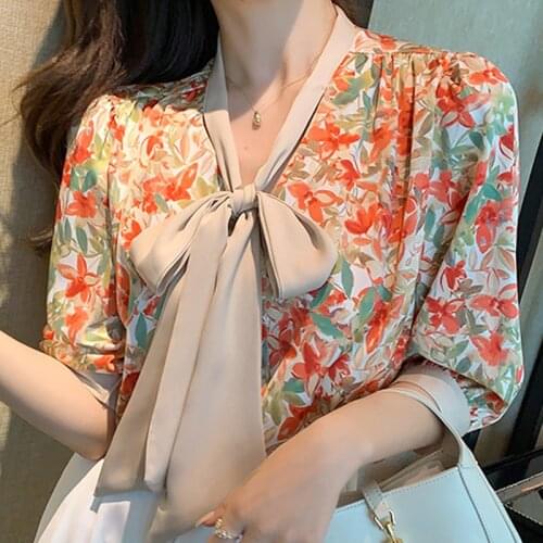 Summer Tops Women Blouses Femme Bow V-Neck Blouse Women Blusas Mujer De Moda 2021 Verano Flower Print Chiffon Blouse Shirt E791