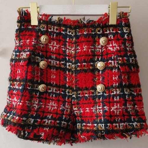 Red Plaid Tweed Shorts Women 2021 Autumn Winter New Hot Shorts with Gold Button Plaid Tweed Fringed Tassel Shorts High Quality