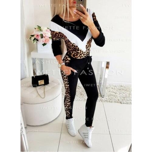 Womens Sport Hoodies Sweatshirt Leopard Print Set 2Pcs Long Sleeve Patchwork Bandage Tracksuit Sweat Suit